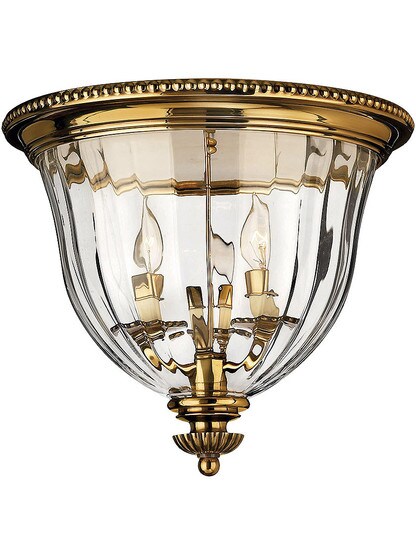 Cambridge Flush Ceiling Light With Ribbed Glass Shade in Burnished Brass.